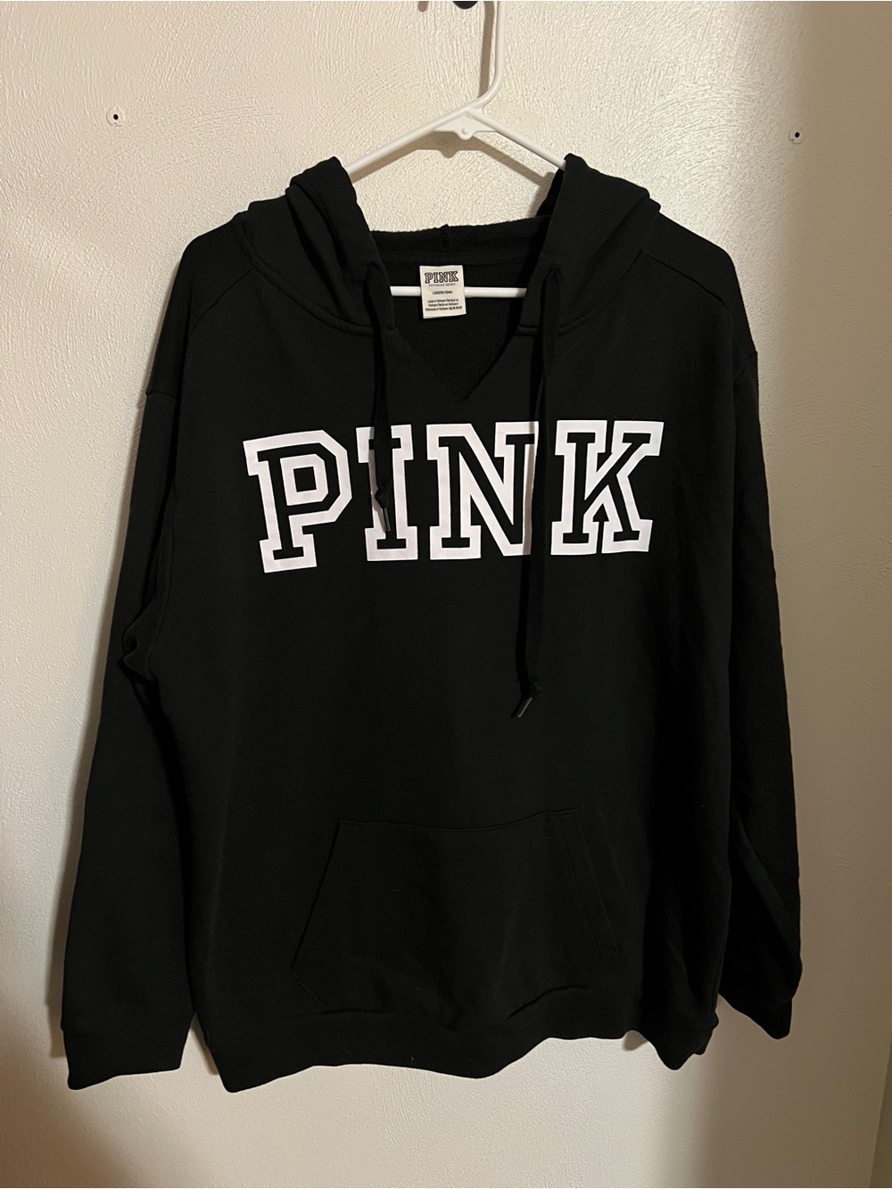 PINK VICTORIA'S SECRET Raw V Neck Fleece Athleisure Hoodie Black White Wms Sz L
